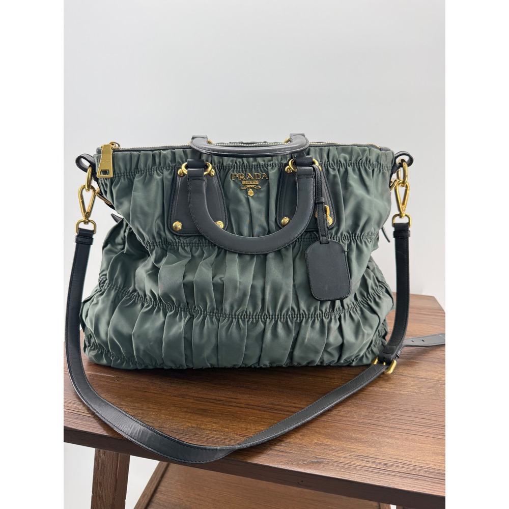 Prada Tessuto Gauffre Ruched Nylon Leather Satchel Bag Green Black Gold Hardware - Picture 3 of 11